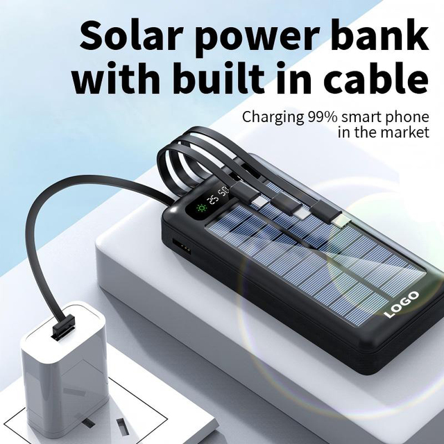 Custom Logo Portable Powerbank 20000mah Digital Display Built in 4Cables for Phone Solar Power Bank