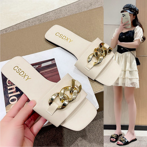 Chaussons tendance pour femmes, été 2024, à bout carré, semelle plate, avec boucle métallique élégante, grande taille 231 231 - Product Image 2