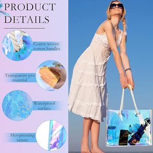 Sac transparent holographique en PVC imperméable avec poignée en corde, idéal pour le travail, la plage, le déjeuner, les mariages, les anniversaires, motif arc-en-ciel - Product Image 2