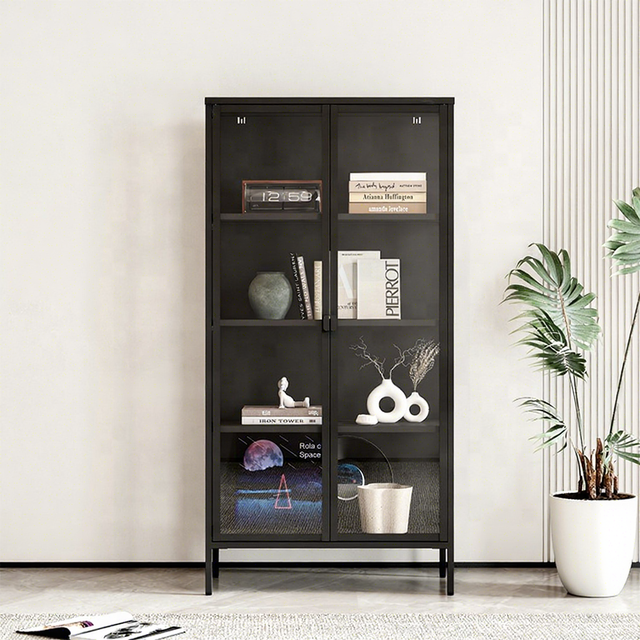 2 Glass Door Display Case Cabinet Steel Cabinet Storage Metal Cupboard Locker for Living Room Steel Bookcase Bookshelf