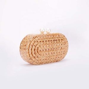 Sac à main élégant en acrylique pour <span class=keywords><strong>femme</strong></span>, motif tressé, sac bandoulière carré avec chaîne dorée, style rotin - Product Image 6