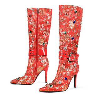 Size 45 Colorful Diamonds Side Zipper Women's Winter Western Knee High <b>Boots</b> Satin Upper Metal Buckle Super High Heels - Product Image 6