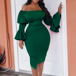 Plus-size Women's Spring/summer 2022 Flared sleeve Hip Wrap Fashion Women's Dress in Europe and America