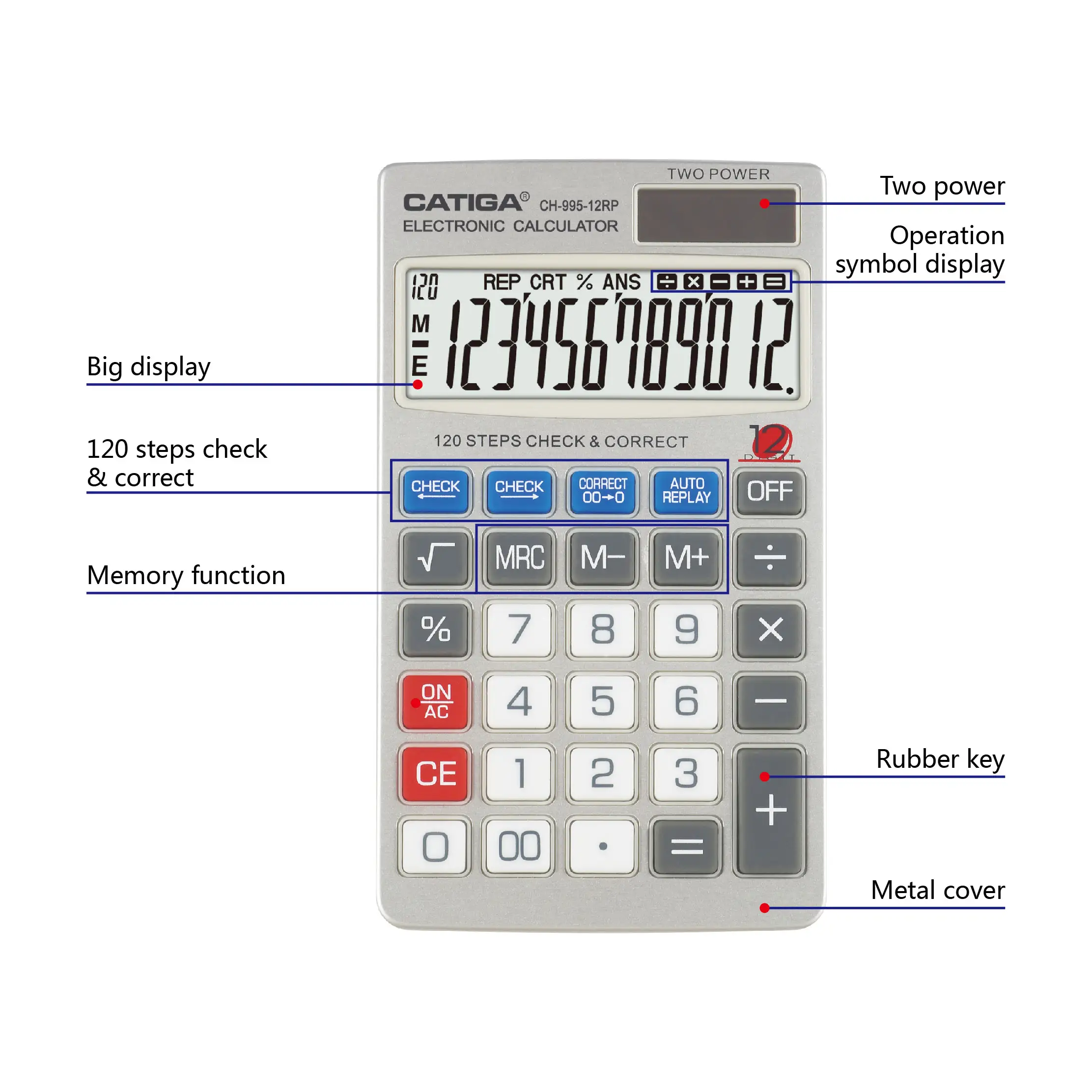 เครื่องคิดเลขอิเล็กทรอนิกส์12หลักพร้อมการตรวจสอบ120ขั้นตอนและถูกต้องง่ายต่อการพกพาเครื่องคิดเลขมือถือ catiga