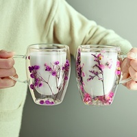 Tasse à Café Double Paroi à Fleurs Séchées, en Verre Borosilicate, Idéale pour le Thé ou les Cadeaux
