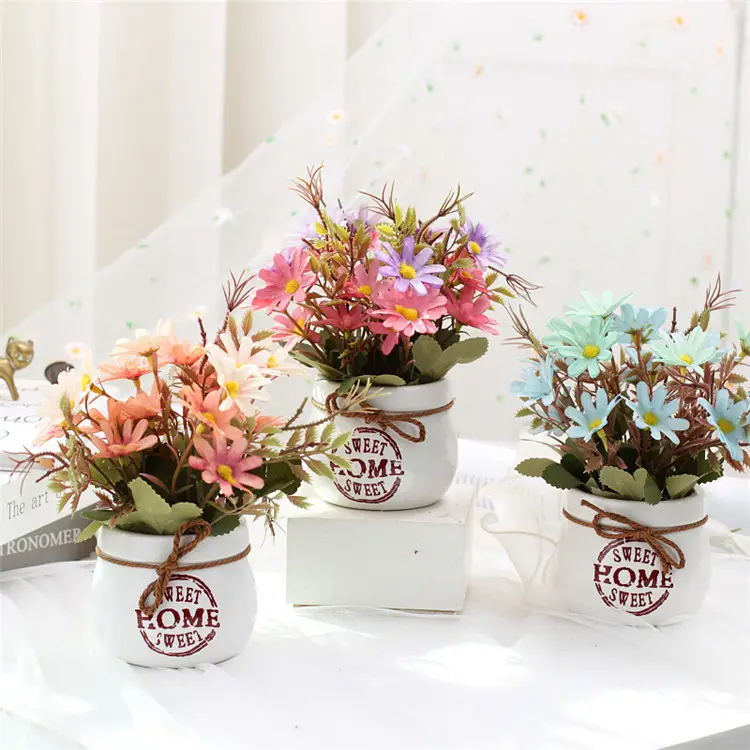 Office Home Desktop Dekor Retro Gänseblümchen Künstliche Blumen in Vase Kleine Stoff Blumen Bonsai Blumen sträuße