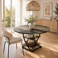 Table à manger ronde moderne avec étagère de rangement, plateau en bois de 47 pouces, base en métal noir, table de cuisine pour salle à manger