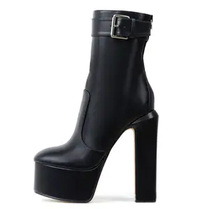 较低最小起订量自有品牌设计女靴黑色皮革高帮女靴厚底靴