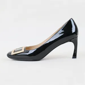 High-end Designer Square Buckle Shoes Female Black Block High Heels Ladies Party Dress Women's Shoes Supplier