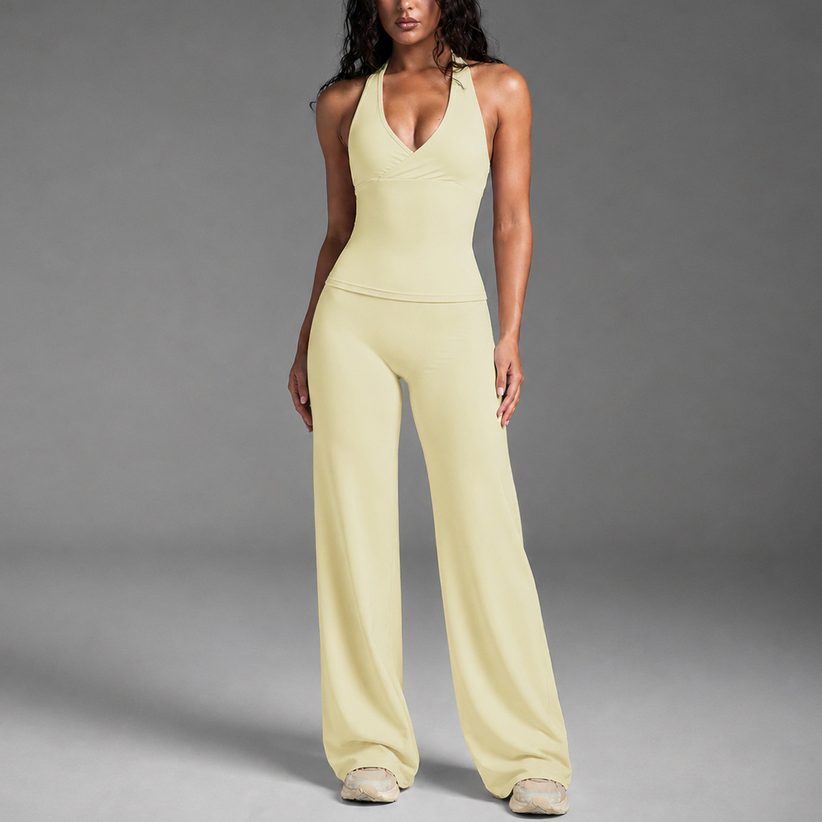 Women Pilates Yoga Clothes Suit Sexy Backless Tank Top & Wide-Leg Pants Gym Fitness Set