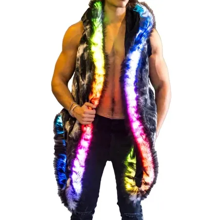 Nouveau gilet de costume de cosplay LED personnalisé manteau de fausse fourrure de renard veste LED grande taille pour hommes avec manteau arrière à capuche vêtements de fête