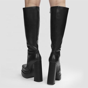Fashion Side Zipper Square Toe High Chunky Heel <b>Boots</b> Leather Tight Knee High <b>Boots</b> for Women Winter Outdoor Big Size 43 - Product Image 2