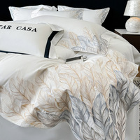 Parure de lit 4 pièces en coton à fibres longues 100S, broderie lourde, teinture réactive, couleur unie, comprenant housse de couette, drap plat et drap-housse