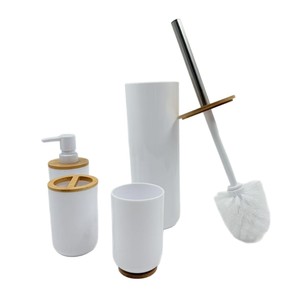 Bamboo Bathroom Set 6 Pieces Round White With Wooden Accents For Washbasin And Toilet Use - Product Image 2