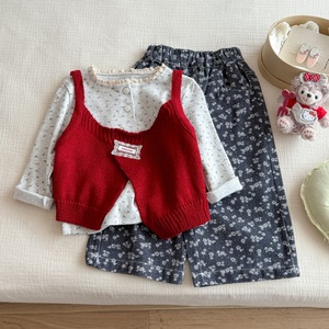 Tongxingyuan Girls Three Piece Set Knitted Vest Floral Top Wide Leg Pants Spring Autumn Cotton Outfit - Product Image 3