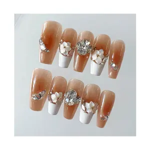 High quality professional nail stylist handmade painted 3D flower patterns French pressed on nails fake nail swith diamonds