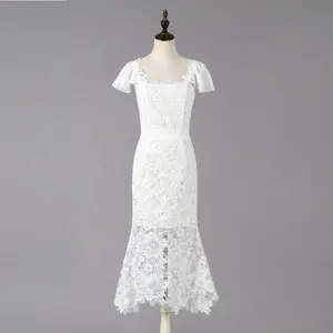 2018 de mangas de verano hueco de flor bordado de encaje de mujeres vestido de noche blanco corto vestido de Prom de encaje con cremallera