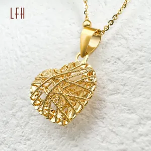 Pendentif Coeur en Or Massif 18k Nid d'Oiseau Collier Sculpté avec Chaîne à Maillons Cubains en Or Véritable Mode en Or Jaune pour Cadeaux