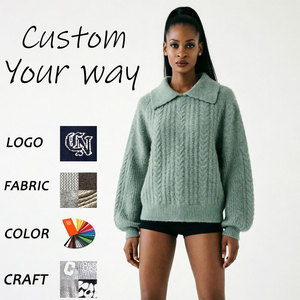 Custom Minimalist Chunky Top Cable Knit V <strong>Neck</strong> Long Sleeve Winter Warm <strong>Polo</strong> Sweater <strong>Jumper</strong> - Product Image 1