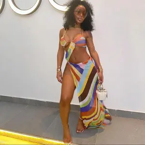 Colorful Print Halter Maxi Dress Women Asymmetrical Bandage Chic Cut Out Shape Side Split Bodycons Female Holiday Vestidos