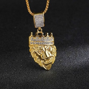 Collier Tête de Lion en Acier Inoxydable, Pendentifs Bijoux Animaux avec Couronne en Cristal, Couleur Or, Fabrication sur Mesure Bienvenue - Product Image 1