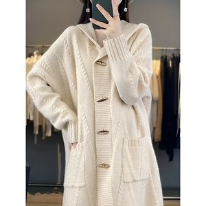 Guoou Inner Mongolia Wool Mid <strong>Long</strong> Cashmere Sweater Cable <strong>Cardigan</strong> <strong>Hooded</strong> <strong>Cardigan</strong> <strong>Women</strong> - Product Image 2