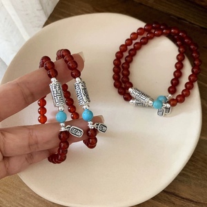 Red Agate <b>Beaded</b> <b>Bracelet</b> With Turquoise And 999 Pure Silver Charm For Women Chinese Style Jewelry Everyday Wear - Product Image 5