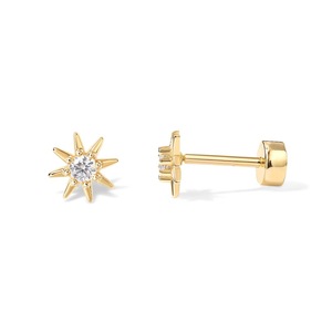 Boucles d'oreilles à dos plat en or jaune 14 carats plaqué or avec zircone cubique pour femmes |    Bijoux de piercing Helix |   Petites boucles d'oreilles en cristal - Product Image 2
