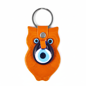 พวงกุญแจหนังเทียมสีส้มรูปนกฮูกพร้อมตาชั่วร้ายทำด้วยมือจากไก่งวง - Product Image 2