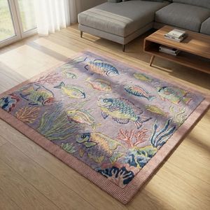 Hand Tufted Purple Fish Wool Carpet with Vibrant Aquarium Inspired Ocean Design for Bedroom Living Room Nursery <b>Kids</b> Room Play - Product Image 1