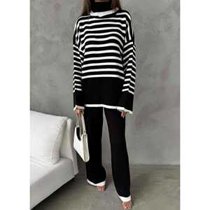 Ensemble tricoté col marin noir pour femme, taille S, haut rayé à manches longues et pantalon assorti - Product Image 2