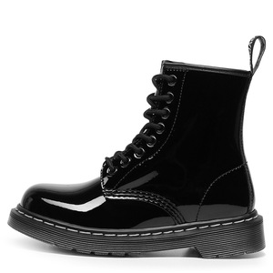 Black Patent Leather Ankle <b>Boots</b> Round Toe Lace-up Flat Heel Anti-Slippery Rubber Outsole All Seasons Solid Color Wholesale - Product Image 1