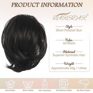 BARSDAR - Extensión de Cola de Caballo de Fibra Sintética Resistente a Altas Temperaturas, Color Negro Intenso, Estilo Moño, Corta y Lisa, Accesorios para el Cabello - Product Image 4