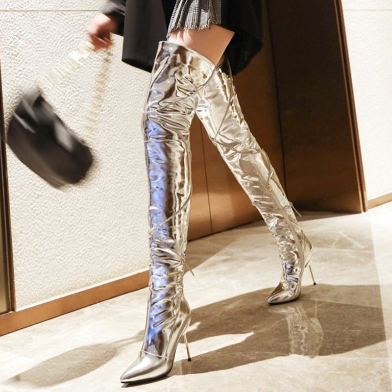 Argento Stivali Lunghi Con Tacco A Spillo Tacco A Spillo Moda