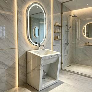 Lavabo a Colonna in Marmo Artificiale <span class=keywords><strong>per</strong></span> Progetti Alberghieri, Lavabo da Terra in Pietra con Superficie Solida e <span class=keywords><strong>Specchio</strong></span> LED - Product Image 4