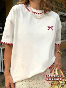 T-shirt Casual da Donna a Maniche Corte con Stampa Fiocco, Girocollo, 100% Cotone Jersey, Vestibilità Ampia, Primavera Estate - Product Image 3