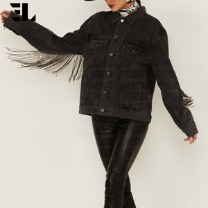 แจ็คเก็ตยีนส์ผู้หญิง LARSUR Custom Factory แต่งพู่ห้อยประดับคริสตัล ลุคทำเก่า ซักฟอก ติดกระดุม แขนยาว - Product Image 5