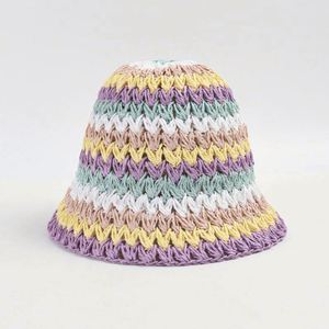 Wholesale Daily Travel Beach Rainbow Striped Hand-hooked Paper Straw Summer Fashion Sunshade Sun Hand Knitted Bucket <b>Hat</b> - Product Image 4