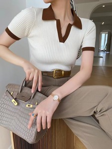 Polo stile francese da <span class=keywords><strong>donna</strong></span> maglione Top in <span class=keywords><strong>maglia</strong></span> di seta a maniche corte con scollo a V - Product Image 5