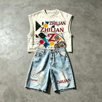 Ensemble Homme Personnalisé : Débardeur Hip Hop Oversize Sérigraphié, T-shirt Vintage Délavé à l'Acide, T-shirt Sans Manches à Strass et Short de Survêtement