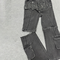 Pantalon cargo personnalisé taille haute jambe large lavé denim jean patchs broderie logo fermeture éclair amovible multi-poches Cargo pantalon