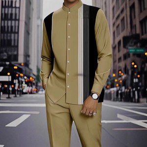 Ensemble de vêtements décontractés pour hommes, <span class=keywords><strong>chemise</strong></span> à manches longues et <span class=keywords><strong>pantalon</strong></span>, imprimé numérique rayé, costume africain pour hommes - Product Image 1