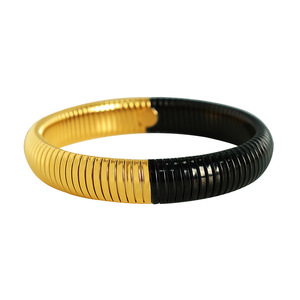 European American Vintage Style <b>Titanium</b> Steel Wide Bangle 12mm Color Block Elastic Snake Bone Hip Hop Bracelet Unisex Jewelry - Product Image 5