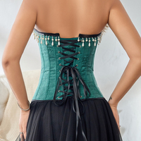Bustier corset sans bretelles grande taille pour femme, vert armée, avec perles et franges, tissu gaufré, armatures en acier, sexy, amincissant, vintage, soirée