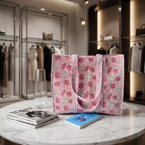 Elegant Floral Printed Cotton Quilted <b>Tote</b> Bag Spacious Handmade Carryall Shoulder Bag for Travel Shopping Daily Use - Product Image 3