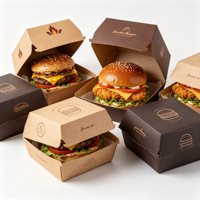 Boîtes d'emballage en papier personnalisées pour hot-dogs, restauration rapide, série de boîtes à emporter jetables pour frites, ailes de poulet, hamburgers