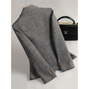 Women's Wool Tweed Blazer Gray Anti-Wrinkle Professional Casual Autumn Winter 2024 Korean Style - Product Image 2
