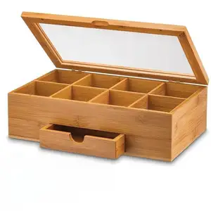 Venta al por mayor de fábrica, caja organizadora de almacenamiento de té de madera de bambú con 8 compartimentos personalizados con ventana de acrílico transparente