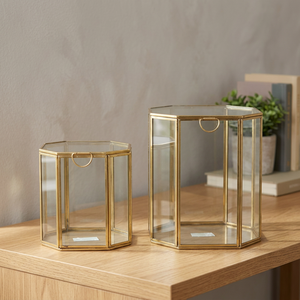 Modern Polygon Glass <b>Storage</b> <b>Box</b> With Brass Frame Transparent Design <b>For</b> Home <b>Decor</b> - Product Image 2