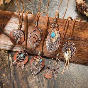 Colliers pendentifs en alliage de cuivre avec pierre turquoise, style bohème, bijoux unisexes tendance, motif végétal, serti clos - Product Image 1
